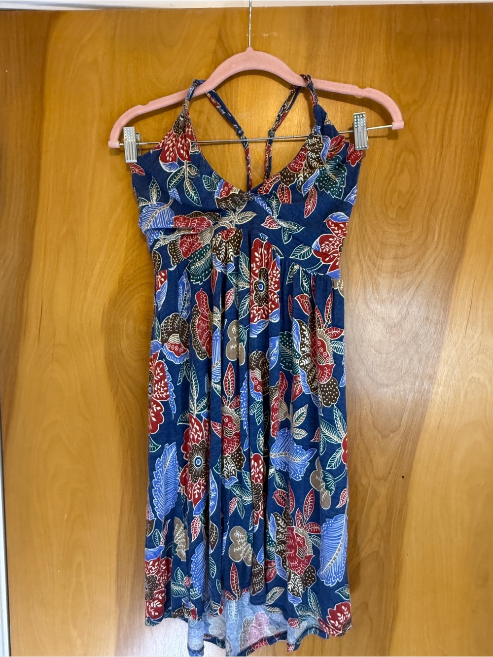 Lani Blue Floral Print Dress with Red and Cream Accents